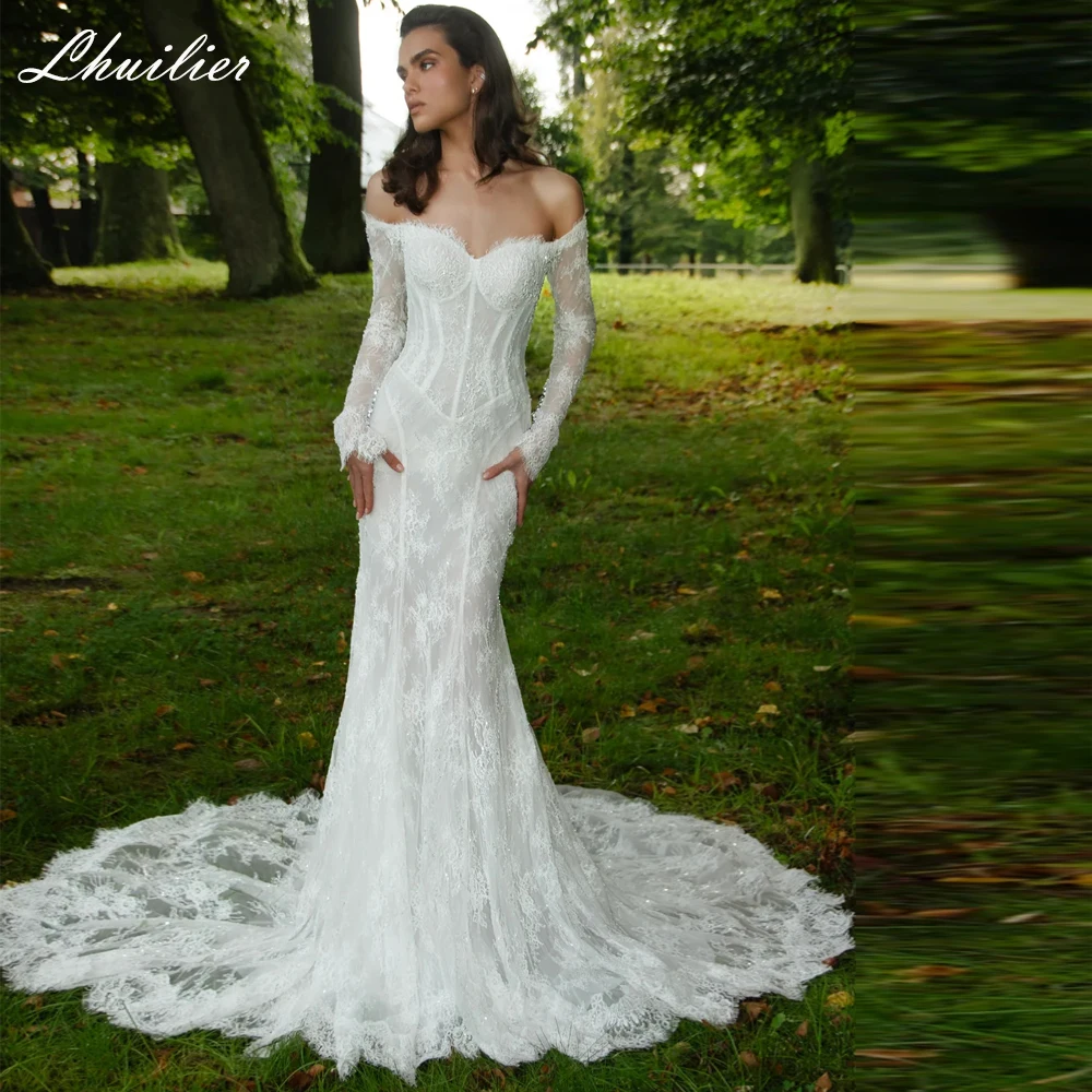 Lhuilier Customized Mermaid Lace Wedding Dresses Full Sleeves Off the Shoulder Beaded Bridal Gowns with Court Train