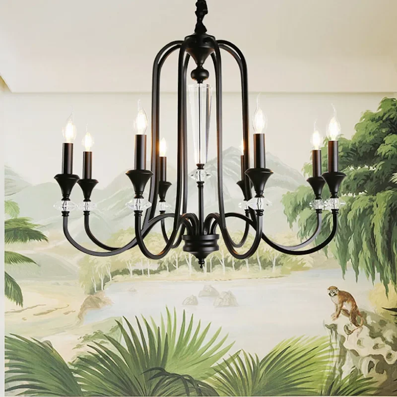 

SANDYHA Warm Romantic Retro Candle Chandelier Black Crystal LED Pendant Lamp for Dining Living Room Bedroom Home Decor Lighting