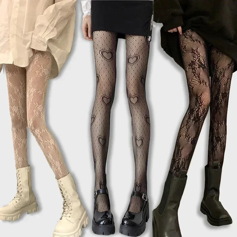 Sexy Lace Mesh Stockings Bottomed Pantyhose Classic Lolita Hollowed Fishnet Women\'s Netting Gothic Punk Retro Spider Web Tights