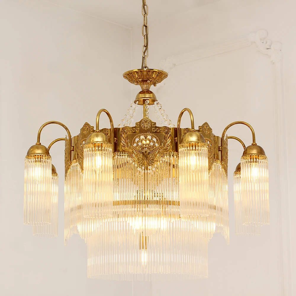 Luxury French Style Gold Crystal Rod Chandelier LED Warm White Vintage Carved Metal Pendant Light for Living Room Dining Room