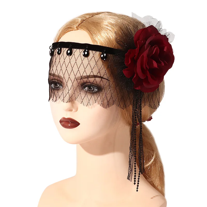 Maschera viso in pizzo rosa gotico Cosplay Halloween 1920s Gatsby Party Spider Princess Masque fascia in rete nera