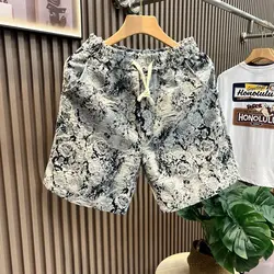 Pantalones cortos holgados de verano para hombre, Shorts de playa con pintura al óleo de flores, informales, versátiles, populares, de seda