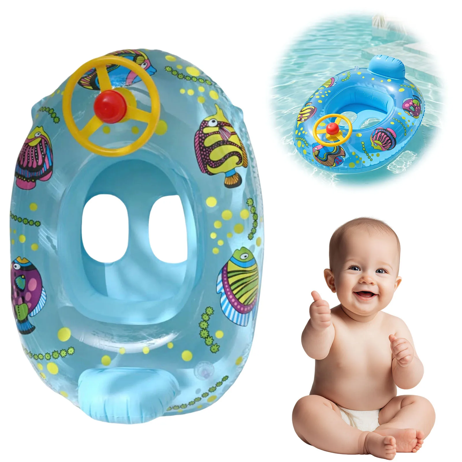 PVC Cartoon Animals Float Ring with Steering Wheel Kids Water Play Games Accessories Thickened Widened Airbag for Children