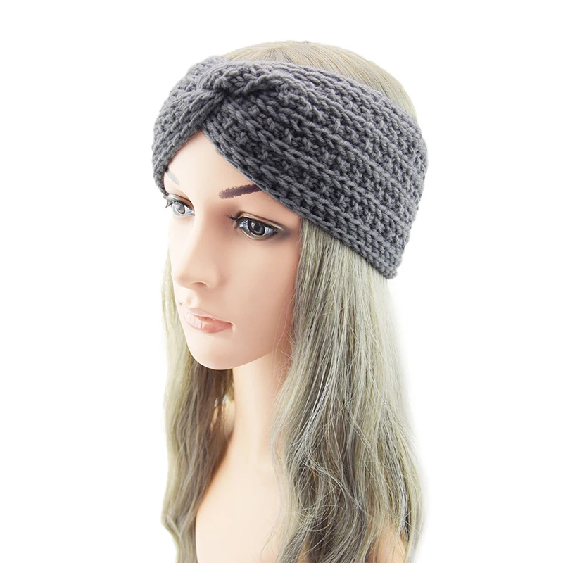 Retro Warmer Ear Winter Knitted Headband Turban For Women Crochet Bow Wide Stretch Solid Hairband Lady Headwrap Hair Accessories