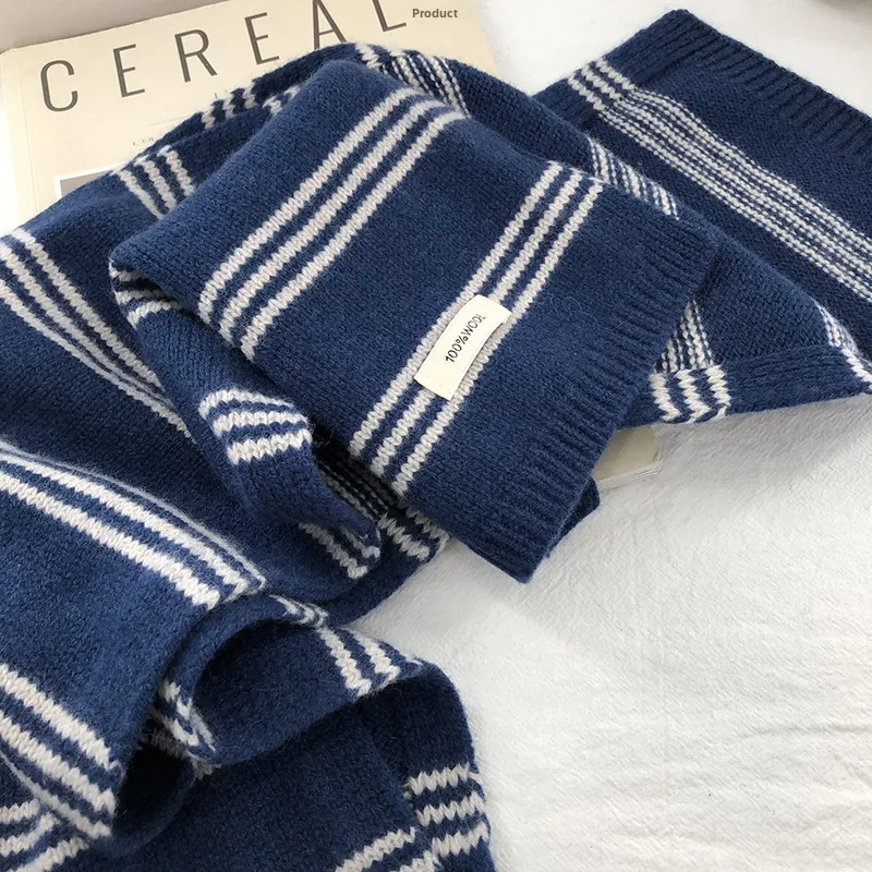 高品質レトロ芸術的なロイヤルブルーストライプ純毛ウールスカーフ女性用ショートスタイル冬カレッジファッション暖かいネックウォーマー