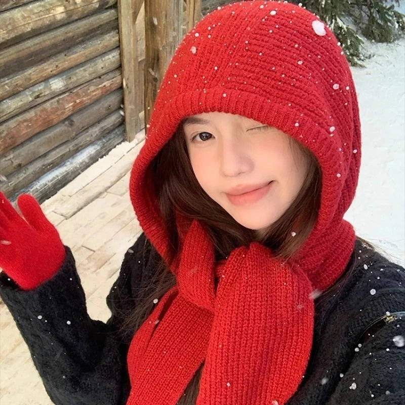 Cagoule coréenne pour femmes, Skullies, chapeau, écharpe, une pièce, épaisse, chaude, Protection du cou, accessoires d'hiver, loi tricotée