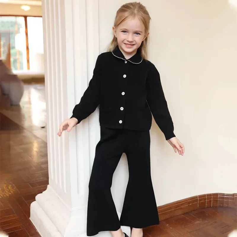 

Girls Sweater 2024 Winter Black Fashion Small Fragrant Wind Knitted Jacket Cotton High Waist Flared Pants Children's Clothing