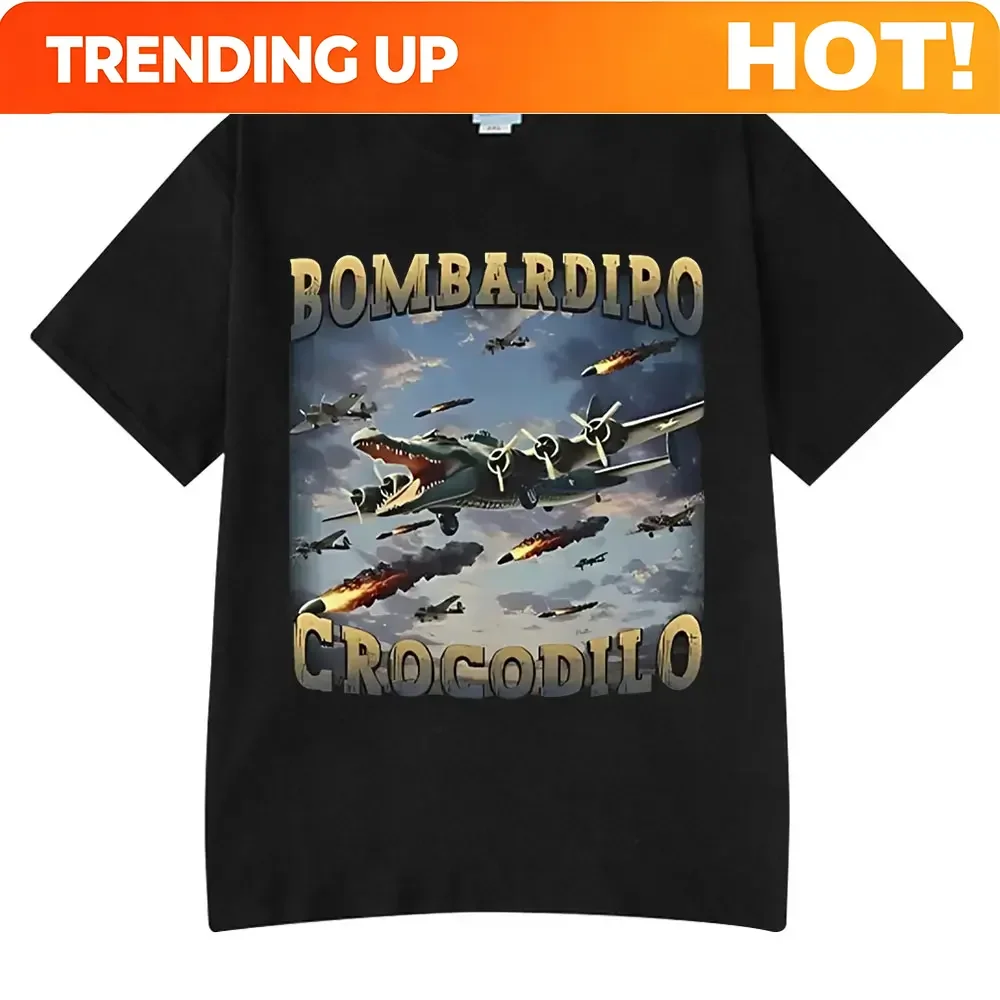 Customization Bombardiro Crocodilo Funny Crocodile Plane Bomber Graphic T-shirt Men Women Casual Cotton Short Sleeve T Shirts Co