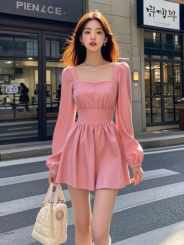 

Korea Women Autumn Casual Long Sleeve Fit And Flare Dress Pink Waist Mini Dress 2024 New