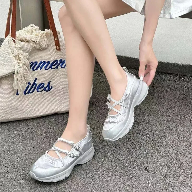 

Summer Ballet Silver Genuine Leather Satin Soft Bottom Sports Bow French One Step Shoes for Women