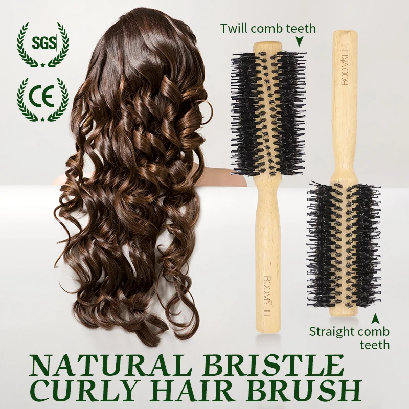 1PC Boar Bristle Round Barrel Hair Brush Women Curling Styling Comb Wood Anti Static Roll Hairbrush for Hair Hairdressing