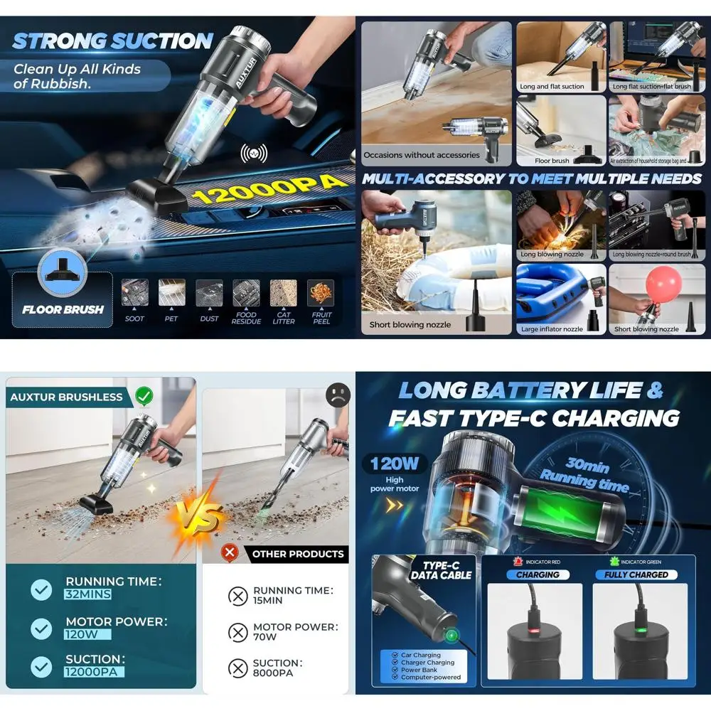 Draadloze 3-in-1 krachtige autostofzuiger met 12000PA zuig- en borstelloze motor