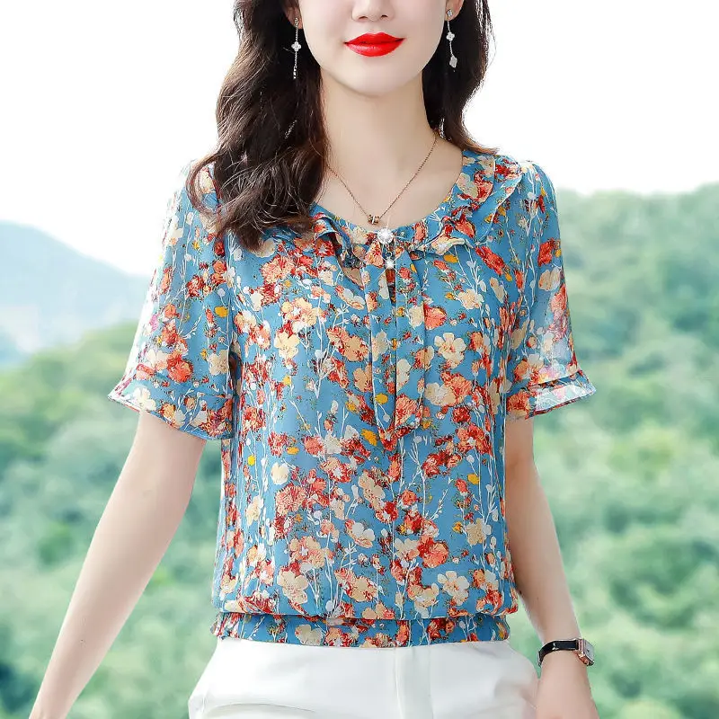 Short Sleeve Round Neck Chiffon Blouse Women Floral Print 2022 Female Casual Chic Shirts Summer Korean Ladies Loose Pullover Top