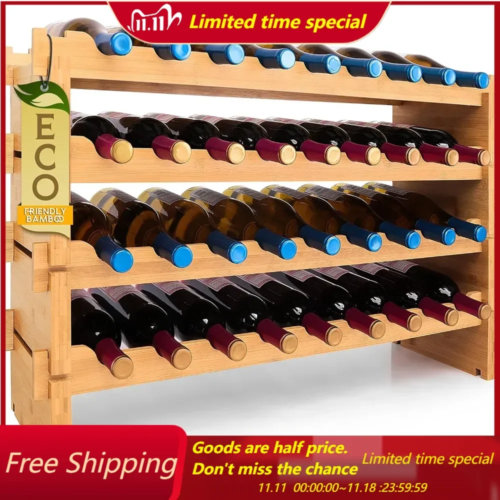 

Bamboo Stackable Wine Rack, 4-Tier 36 Bottle Capacity Wine Racks Free Standing Floor, No Tools Assembly, Modular Storage