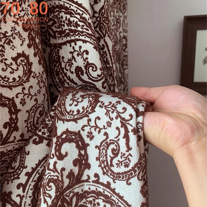 Luxury Retro Brown Paisley Jacquard Thickened Chenille Shading Curtains for Bedroom Living Room Bedroom French Window Customized