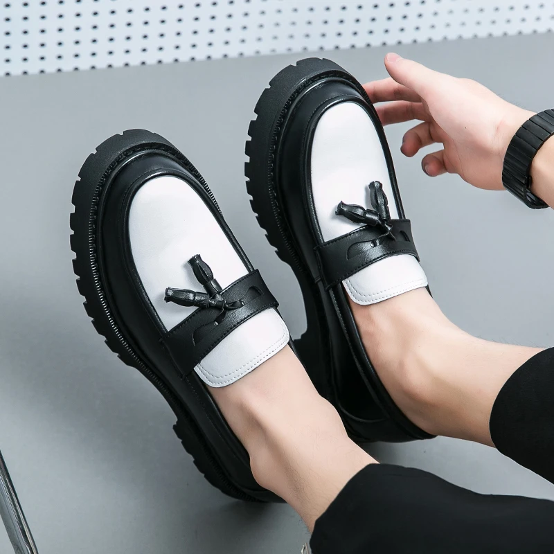 

Men Loafers PU Round Toe Thick Sole Comfortable and Breathable Youth Daily Fashion Contrasting Tassel Casual Shoes