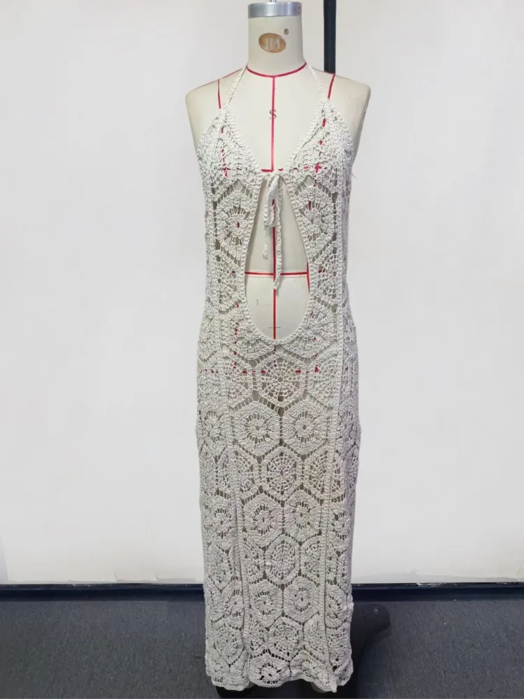 

Sexy Women Knit Beach Dress Hollow Out Sleeveless Bikini Cover-Ups Holiday Maxi Dresses 2026 Summer Swimwear Beach Cover Ups