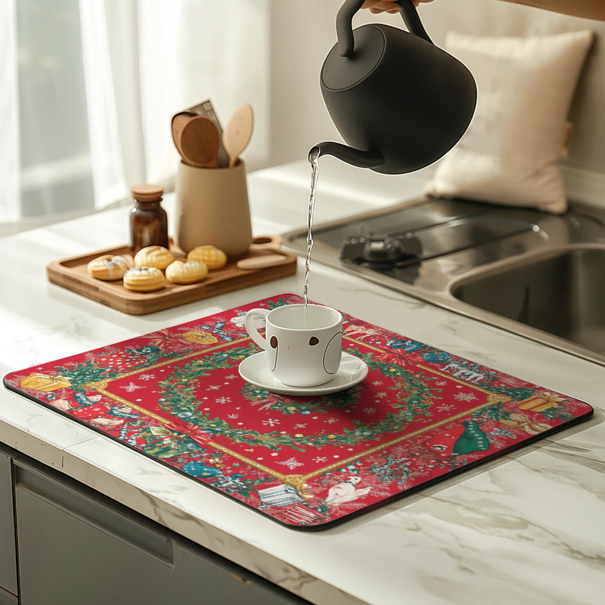 Kitchen Absorbent Drying Mat Christmas Tree Dog Watercolor Kitchen Table Decoration & Accessories Color Pattern Tables Mats
