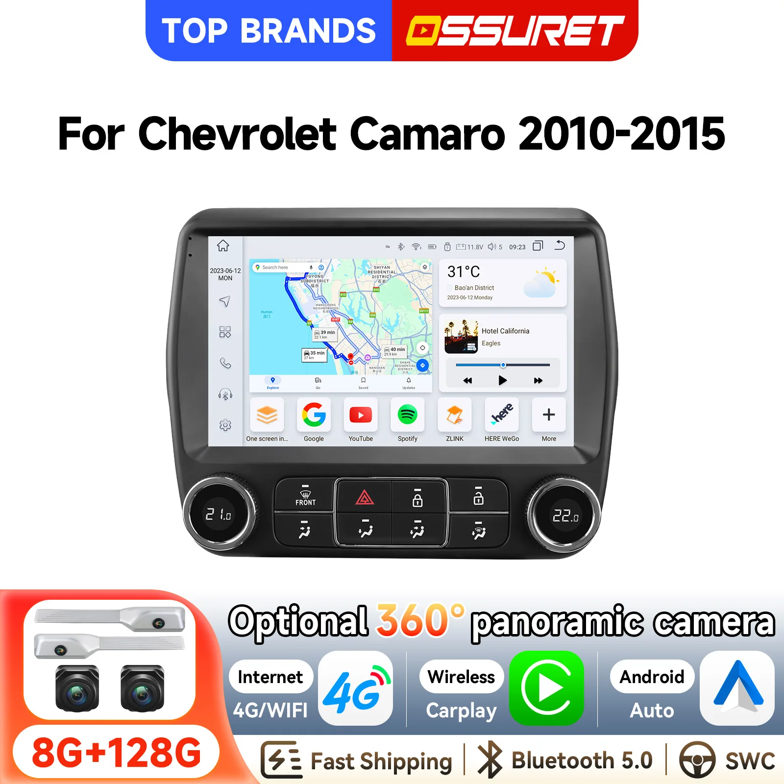 OSSURET 2 Din 7862 Android 14 Car Radio For Chevrolet Camaro 2010-2015 GPS Navigation Unit 8 Core QLED 1280*720 Stereo Offline Map Wireless CarPlay Android Auto Zlink 4G LTE DSP BU32107EFV AI Voice Control OTA upgrade RDS FM radio Car Multimedia Player