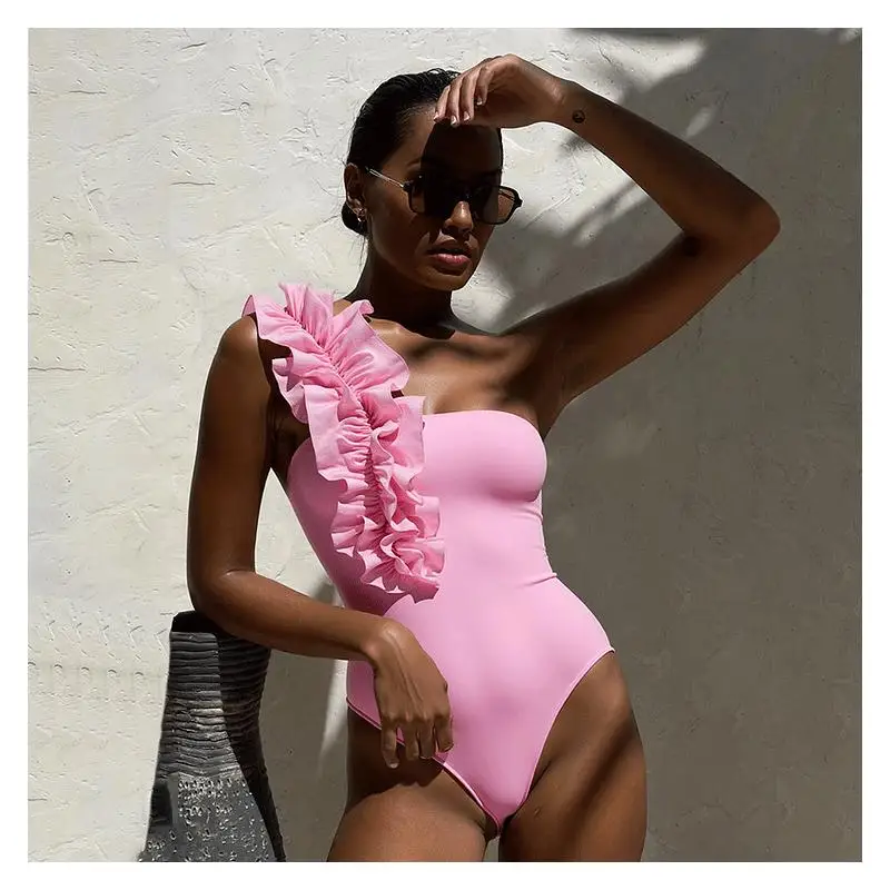 Flaxmaker Woman One Shoulder Ruffle Solid Color One Piece Swimsuit and Skirt Women Summer Pink Swimwear Biquini conjunto de