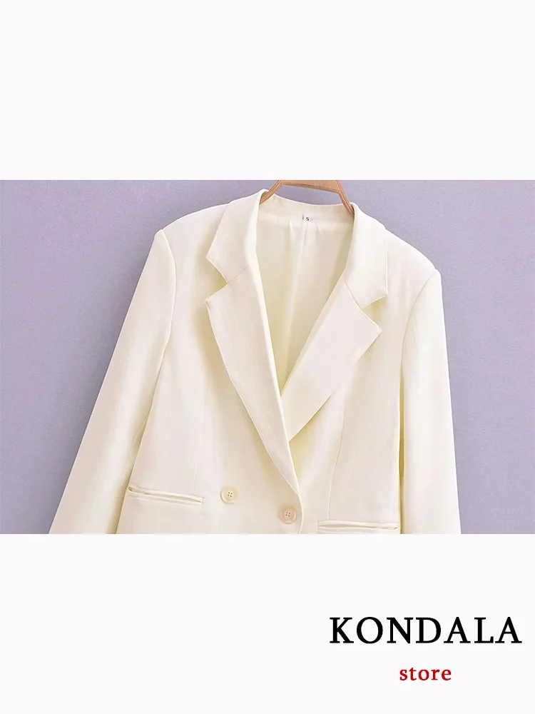 KONDALA Chic Casual Solid Women Suit V Neck Double Breasted Blazer Straight Loose Pants New Fashion 2024 Office Lady Beige Suits