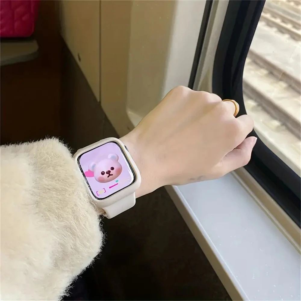 الكورية لطيف الرياضة سيليكون الفرقة + حافظة لساعة أبل 9 8 7 6 SE 5 4 3 2 حزام المرأة ل iWatch حزام 41 45 38 مللي متر 40 مللي متر 44 42 49