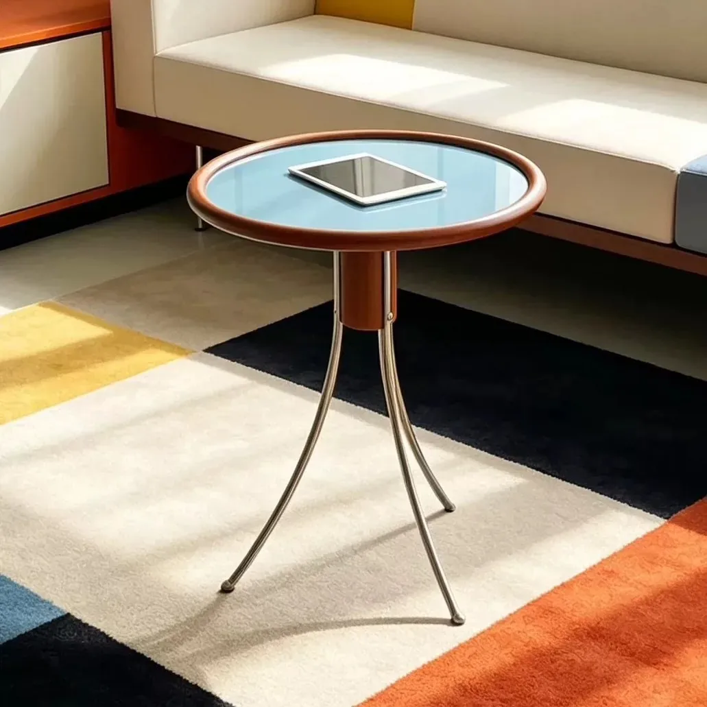 Round glass coffee table rubber wood retro edge table home living room balcony