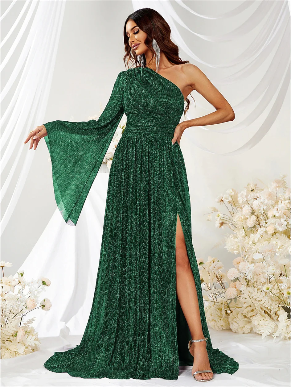 Shiyicey una spalla semplice maniche lunghe stile moderno lunghezza del pavimento fessura Prom matrimonio formale elegante abiti da festa lunghi Eveninig