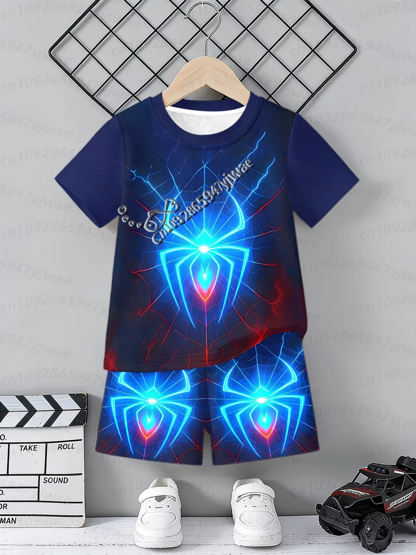 26 Boys 2Pcs Summer Outfit Spider Print Short Sleeve T-Shirt + Shorts Set Red Blue Casual Sportswear Kids Streetwear Tracksuit