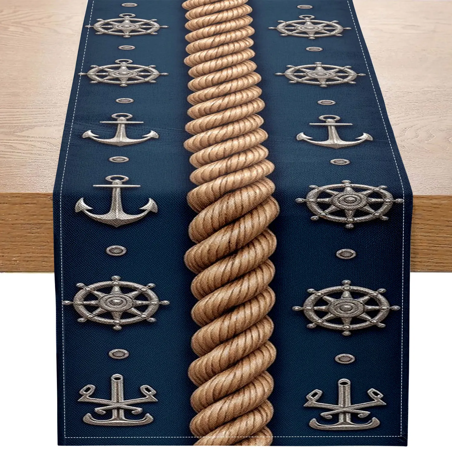 1 Piece of Nautical-Themed Table Runner, Decorated with a Roulette Wheel, Hemp Rope, and Anchors, Suitable for Home Decoration