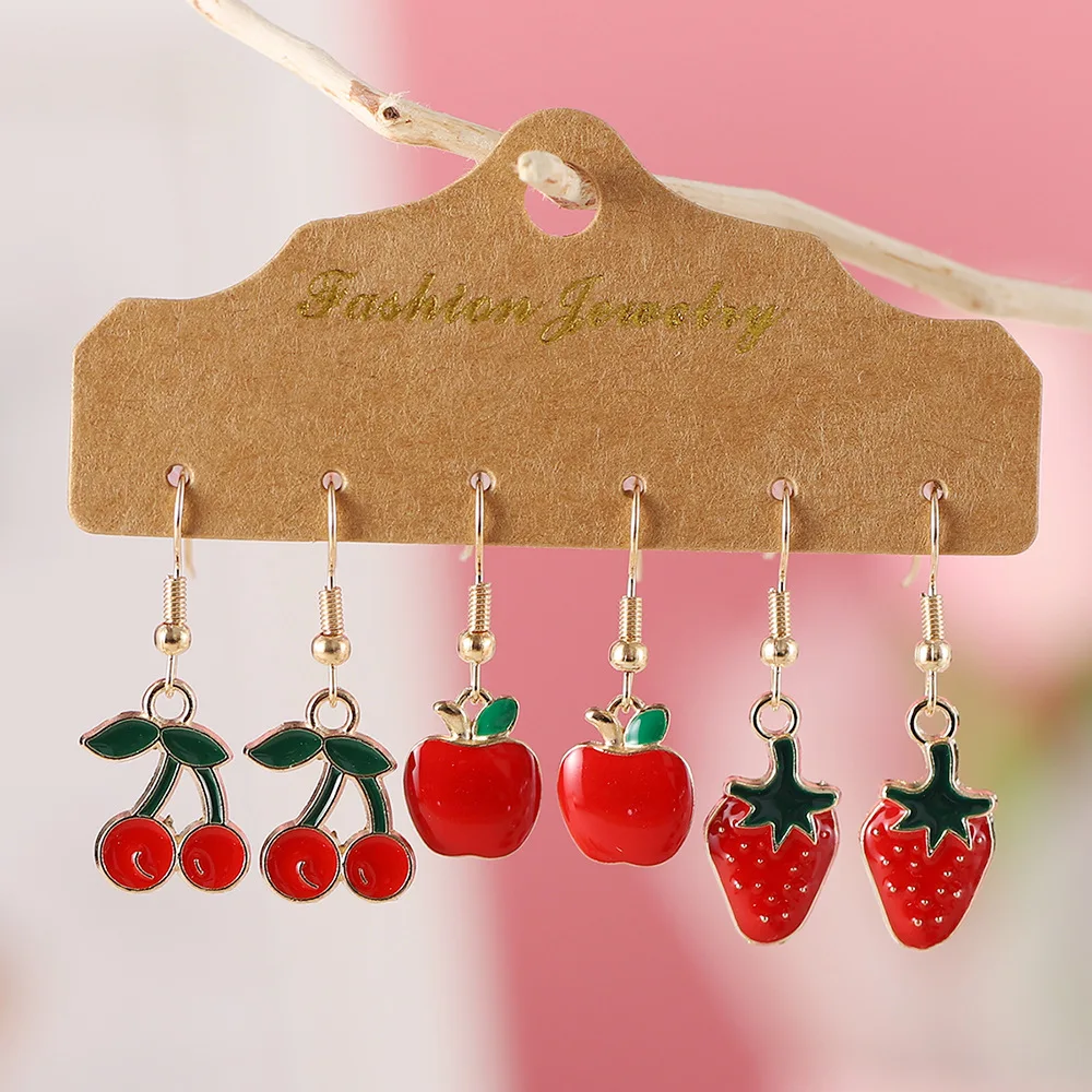 new 3 pairs of cherry apple strawberry fruit pendant oil drip earrings set women's holiday earrings jewelry