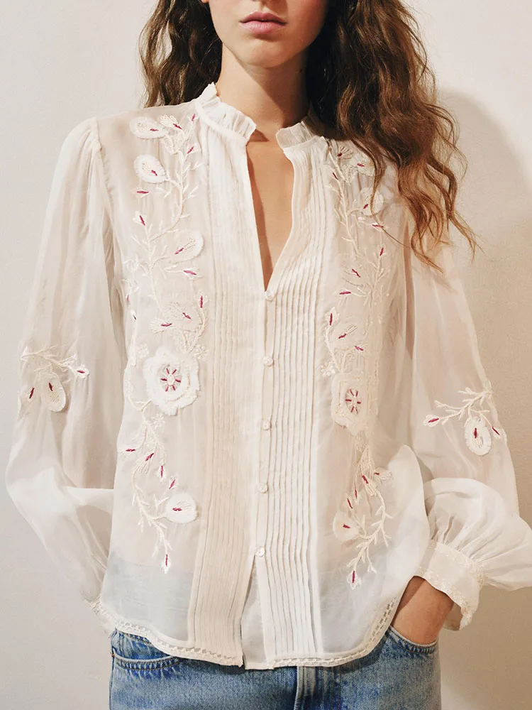 New Arrival Autumn Women's Shirt Stand Collar Embroidered Transparent Hard Gauze Top Long Sleeve Straight Tube Sleeve Regular...