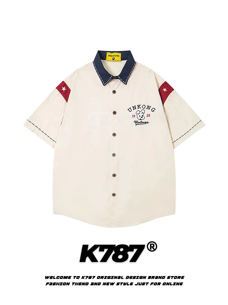 

K787 American Retro Cartoon Dog Embroidery ort Sve Loose Casual irt Men's Summer Faion College Sle Open Cardigan Top