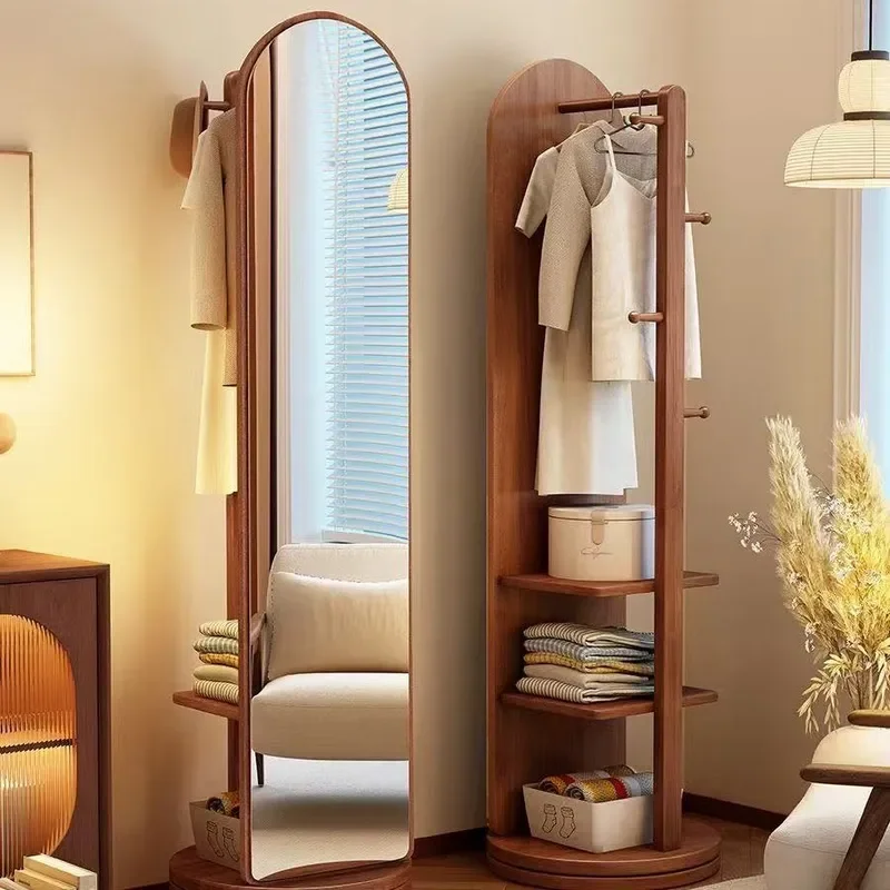 For 360 Degree Rotating Solid Wood Full Length Mirror Movable Floor to Ceiling Bedroom Fitting Mirror with Integrated Hanger