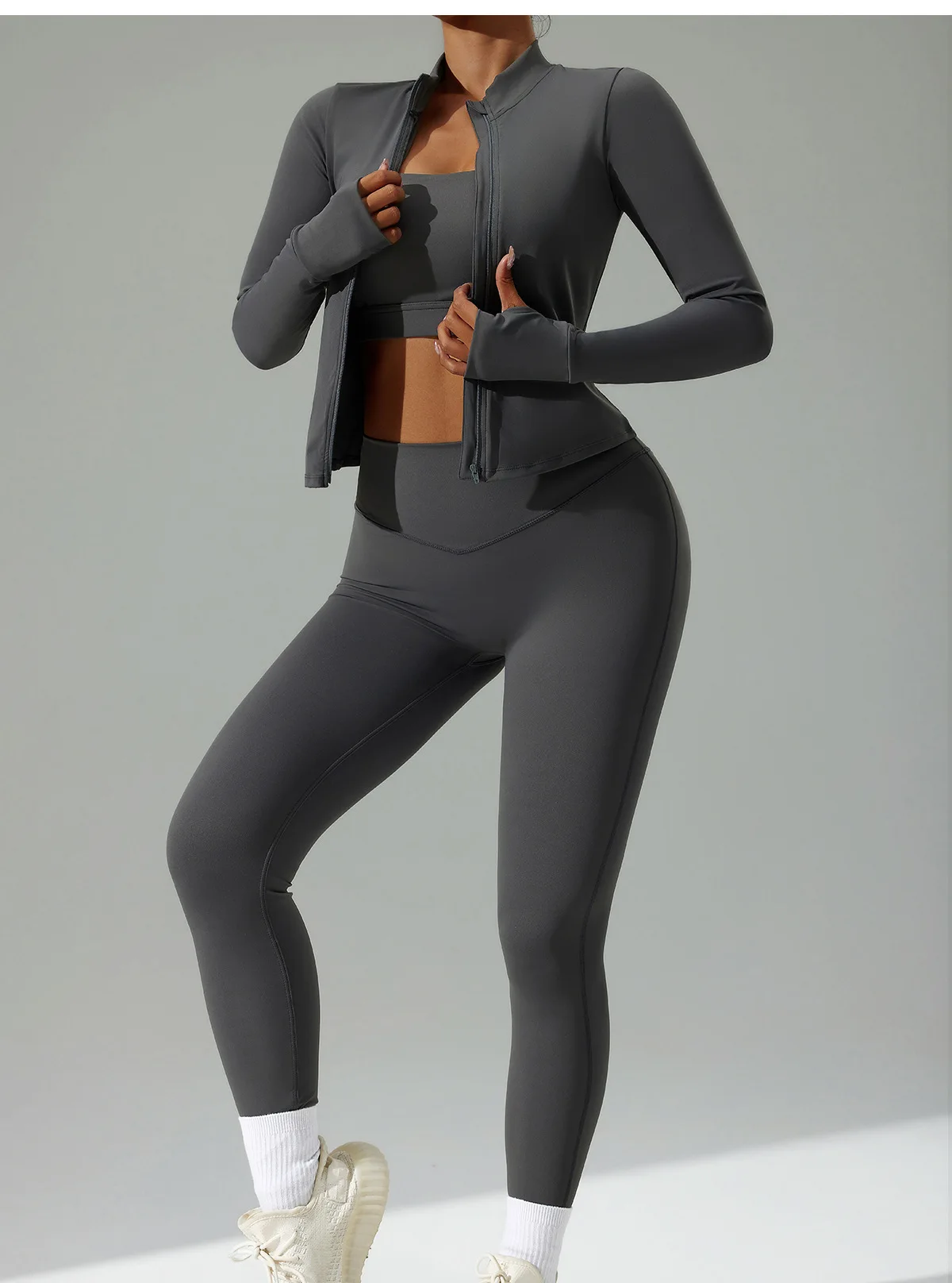 3-teiliges Damen-Fitness-Sportbekleidungs-Set, schnelltrocknend, atmungsaktiv, Langarm-Cardigan, Sport-BH, High-Waist-Leggings, Yoga-Workout-Trainingsanzug – Detail 12