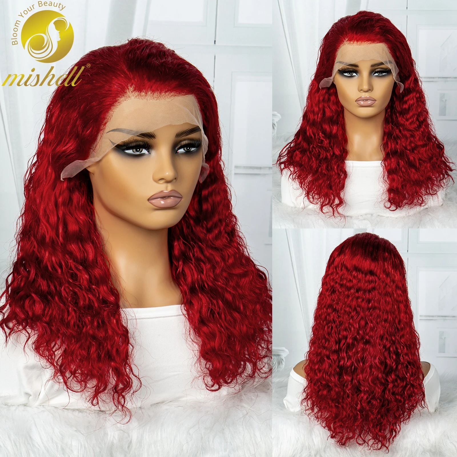

Red Color Water Wave Human Hair wigs 250% Density 13x4 Lace Frontal Short Bob Wigs Lace Front Wigs Brazilian Remy Bob Wigs