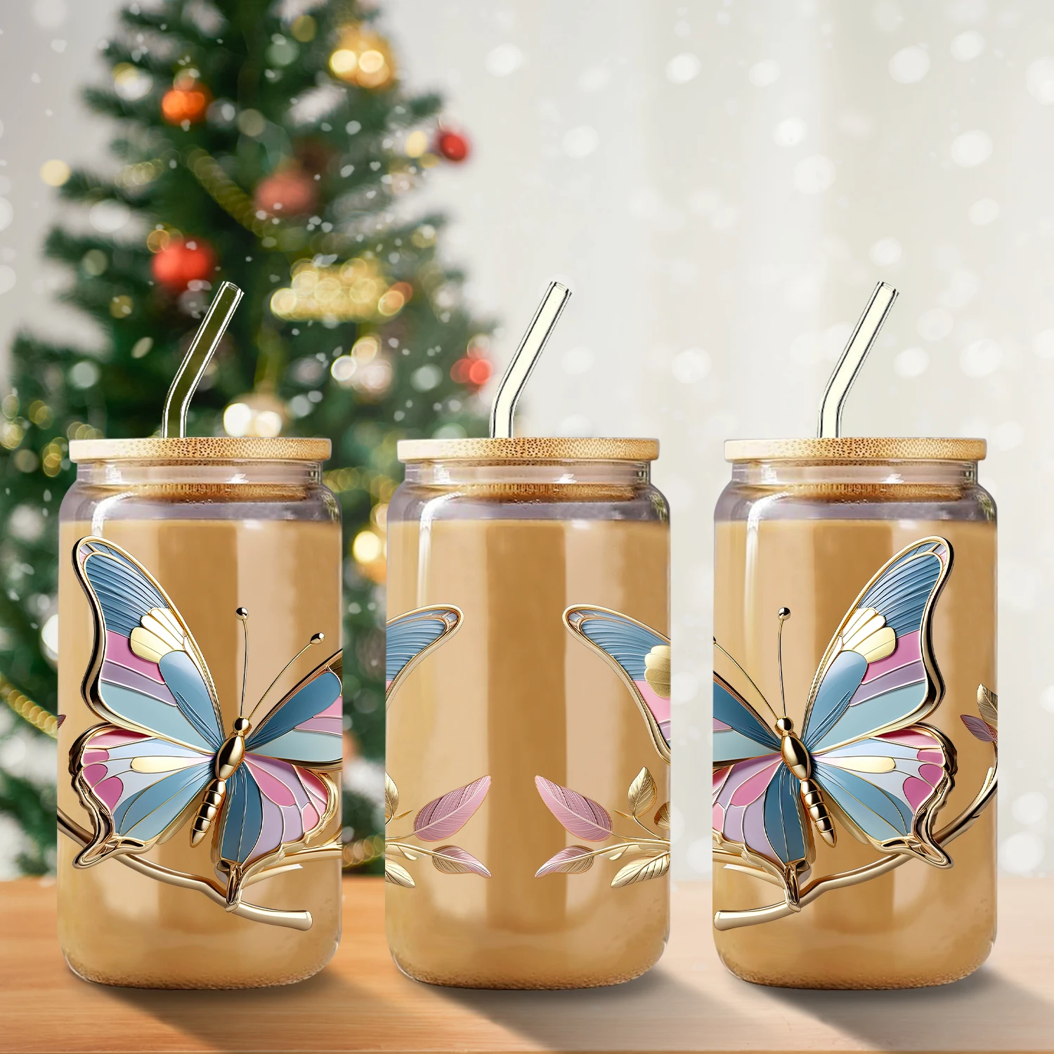 1pc 3d Printed 16oz Sublimation Glass Can Soda Cup With Lid&Straw Iced Coffee Juice Cup Butterfly Pattern Friendsmas Gift