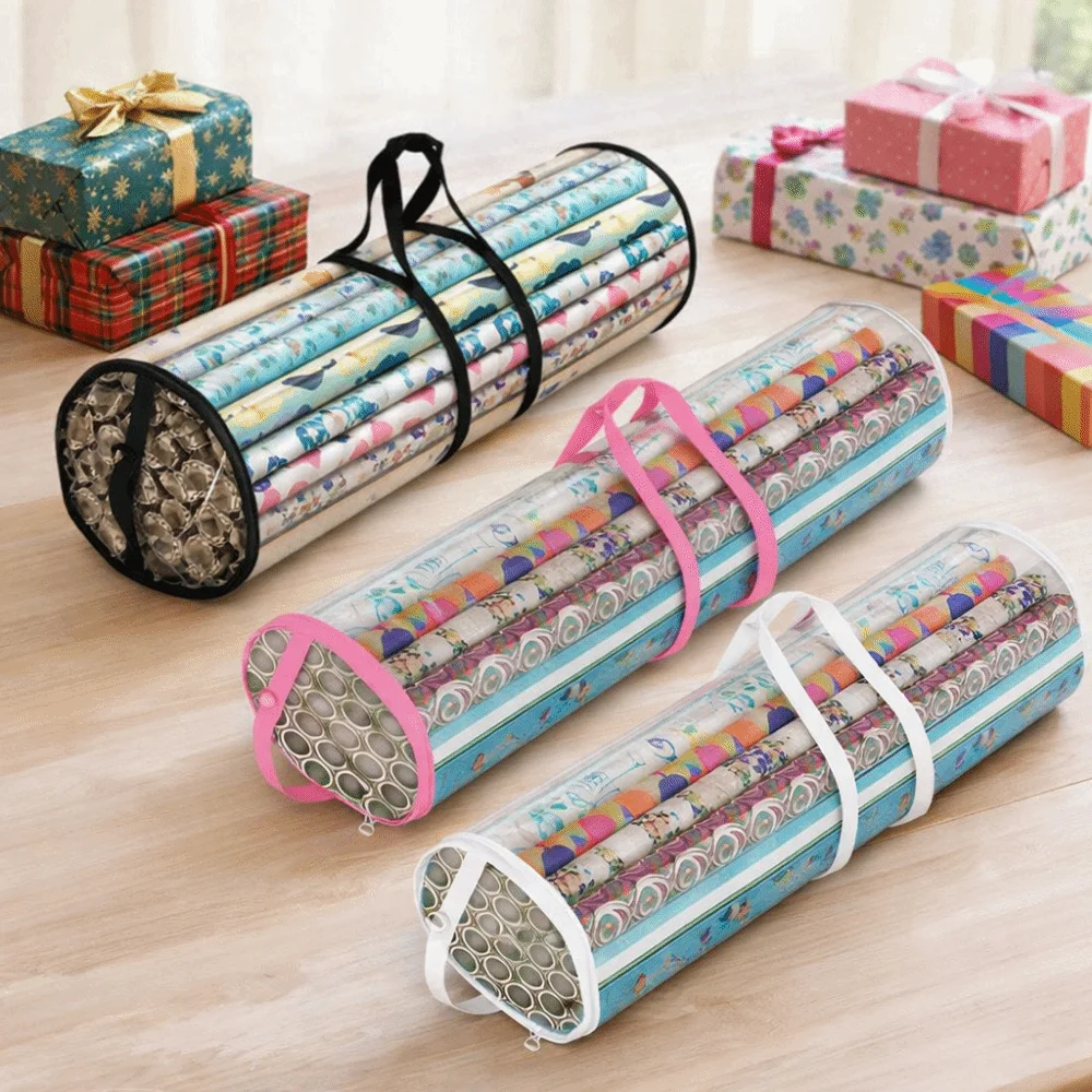 Cylinder Wrapping Paper Storage Bag Transparent Large Capacity Gift Wrapping Roll Organizer with Handle Zipper PVC