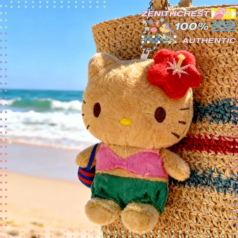 

Authentic Sanrio Okinawa Limited Beach Vacation Tanned Hello Kitty Cute Bag Charm with Sunglasses & Grass Skirt Cute Doll