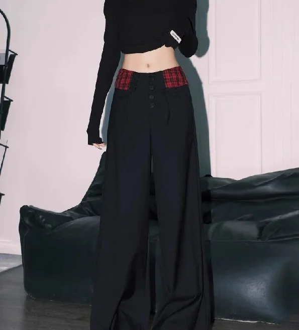 여성 바지 2025 봄 여름 최신 블랙 하이 웨이스트 루즈 드롭 와이드 레그 캐주얼 바지 게으른 체크 무늬 스플 라이스 정장 바지