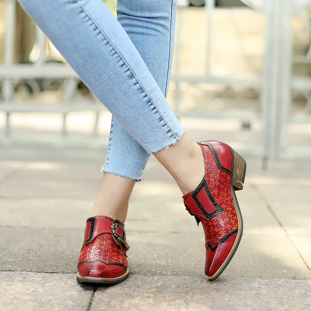 

Cowboy retro style leisure spring and autumn new products in stock leather velcro belt buckle women's shoes