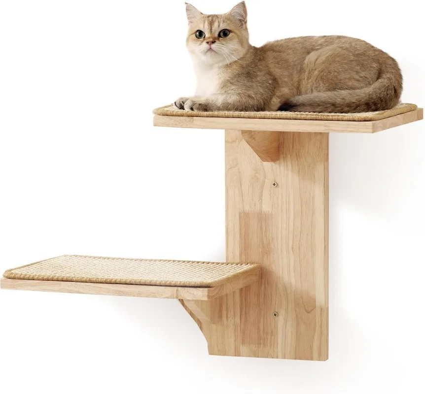 

Cat Wall Shelves, 2 Platform Kitten Furniture – Floating Shelf with Sisal Mat & Rubber Wood Perch for Climbing, Playing, Napping