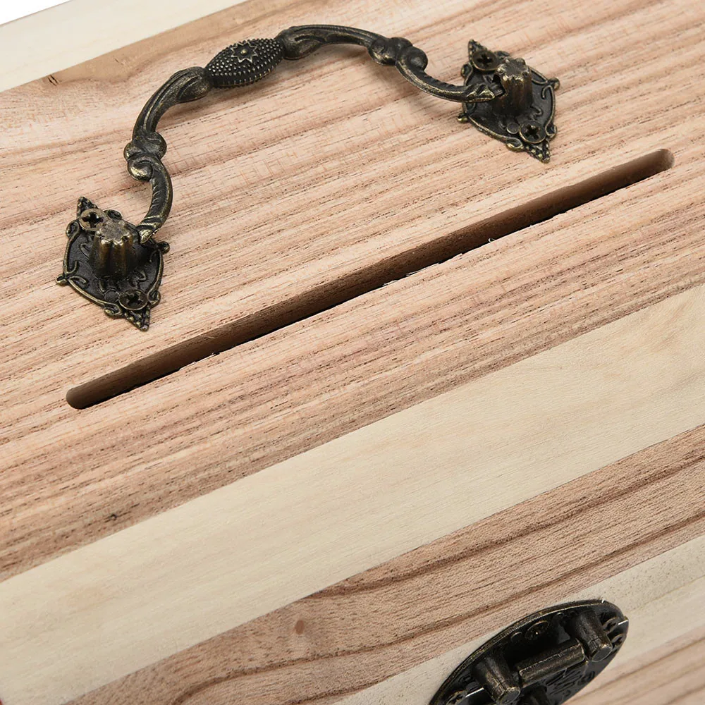 صندوق مجوهرات خشبي صندوق تخزين خشبي عتيق مع قفل ومفتاح آمن توفير حصالة خشبية لتوفير المال #3