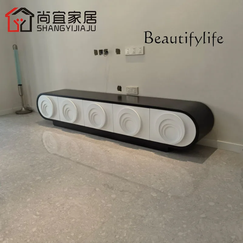 U Modern simple cream wind floor TV cabinet minimalist living room floor cabinet black and white color matching TV cabinet