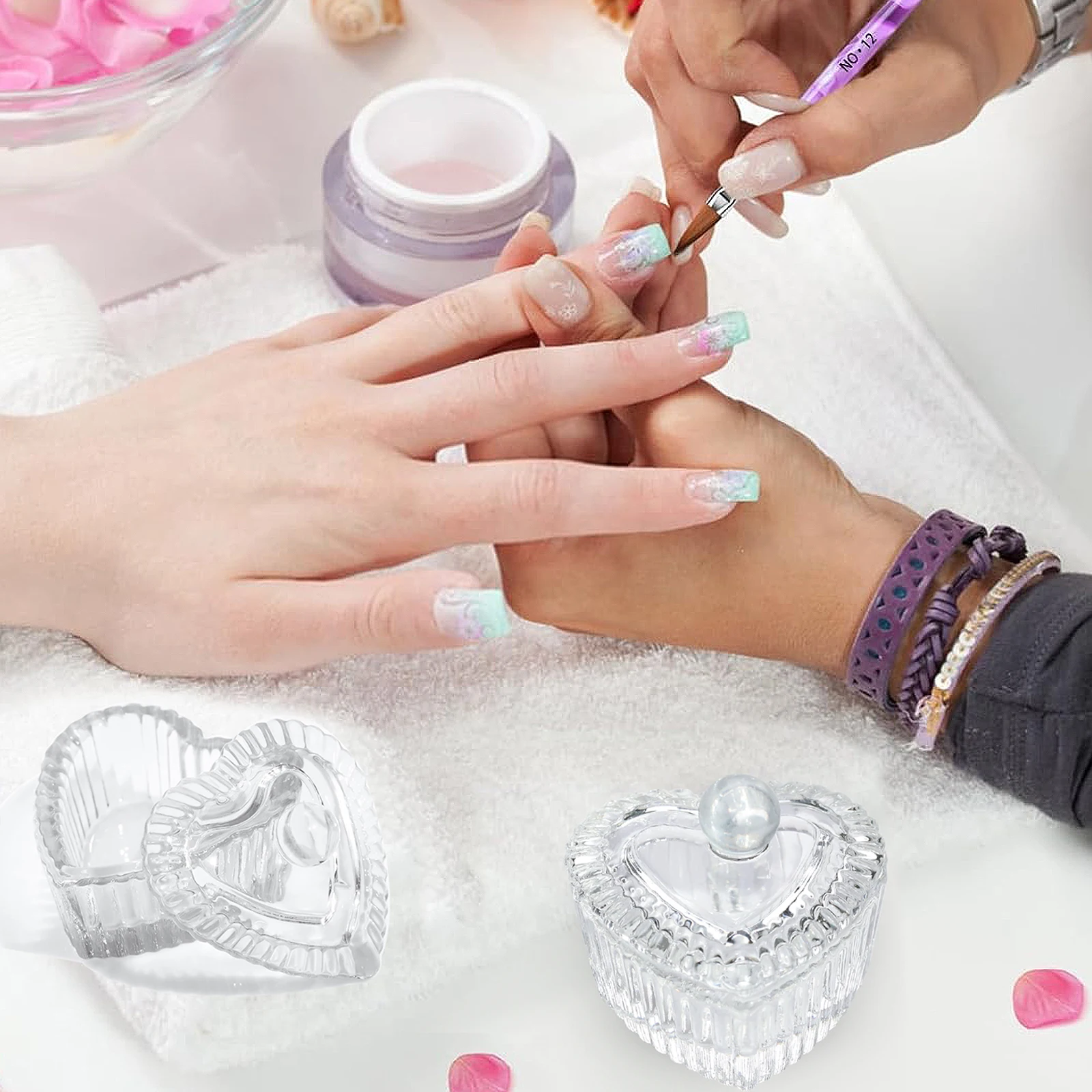Plato Dappen de cristal rosa, soporte para líquidos en polvo acrílico, contenedor con forma de corazón, tapa para uñas, tazón, accesorios de manicura, 1 Uds.