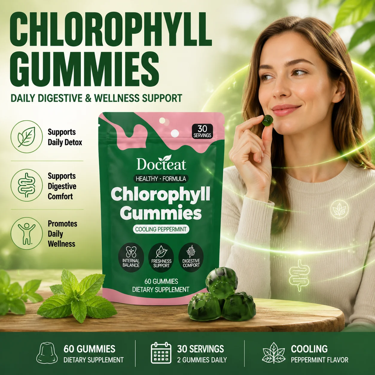 Docteat Chlorophyll Gummies Cooling Peppermint Supports Daily Detox Digestive Comfort Gut Balance 60 Vegan Gummies Sugar Free