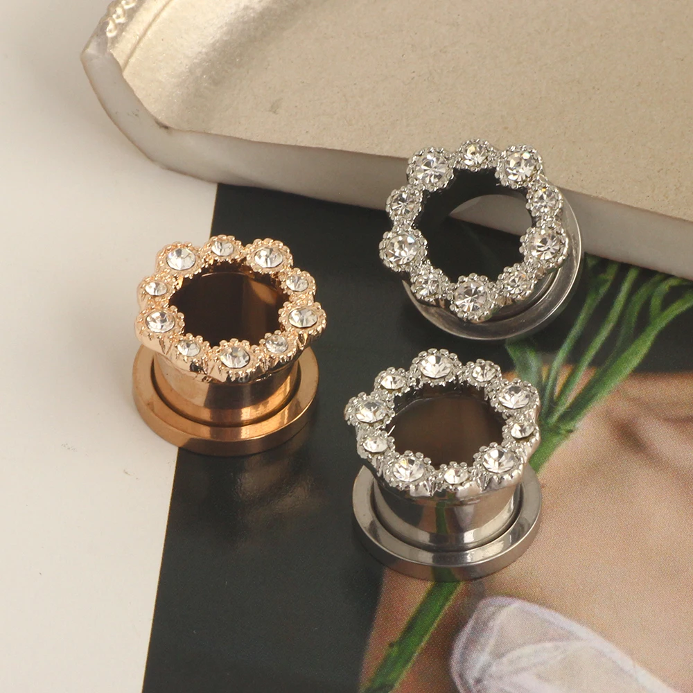 New arrival Wholesales ear tunnels screw crystal plugs and tunnels piercing plugs 00g gauges 6-16mm silver rose gold gauges