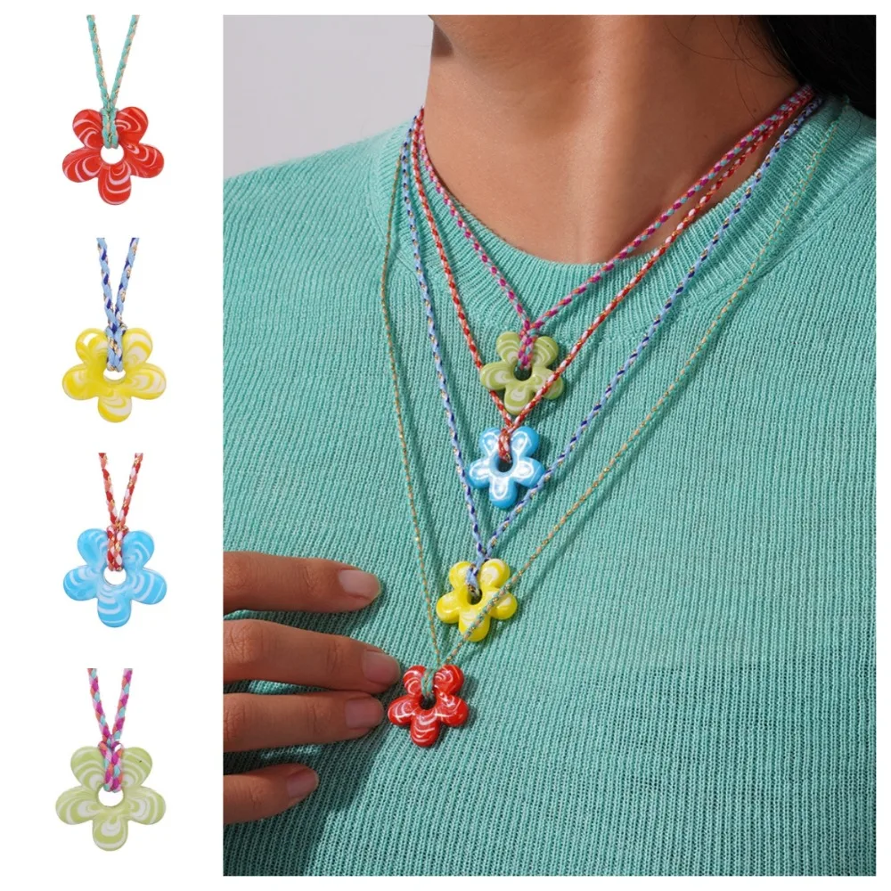 

Childishness Mini Flower Necklace Colorful Handmade Coloured Glaze Pendant Necklace Rope Sweater Chain Floral Chain Choker
