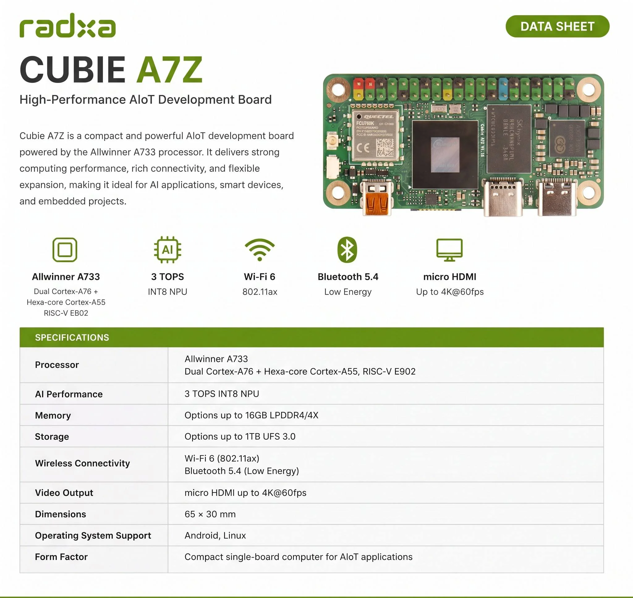 Radxa Cubie A7Z Single Board Computer Octa-Core CPU Dual-Screen Display RISC-V Coprocessor Allwinner SoC