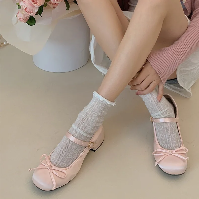 Women Mary Jane Shoes 2023 Spring Autumn New Fashion Butterfly-knot Shallow Round Toe Mid Heel Shoes Ladies Elegant Single Pumps